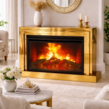 RVA Premium Gold Decorative Electric Fireplace 34 inches with Remote With Heat Matt Black, Gold Finish Mantel (GRHF-3424-02CFH)